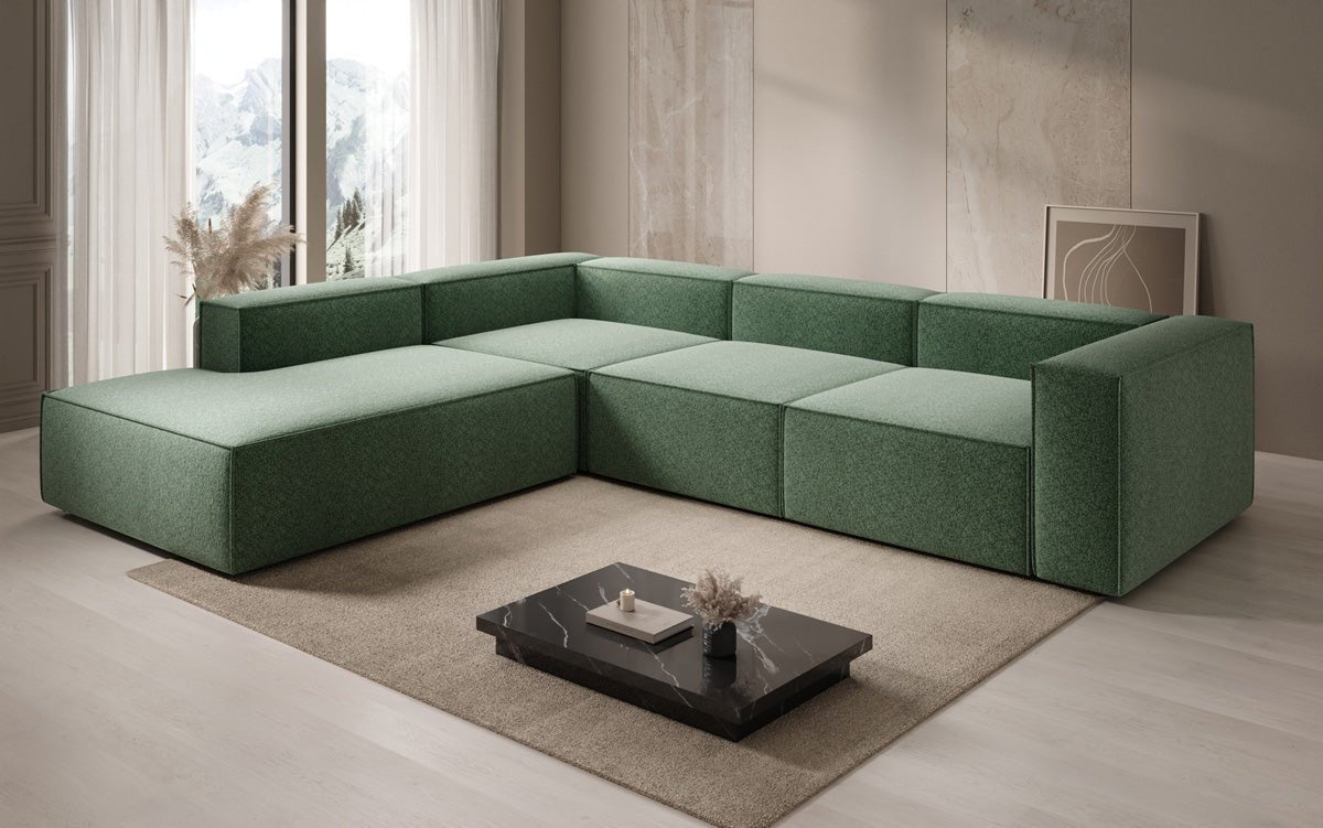 Canapé design Lesley L avec longue méridienne en tissu texturé