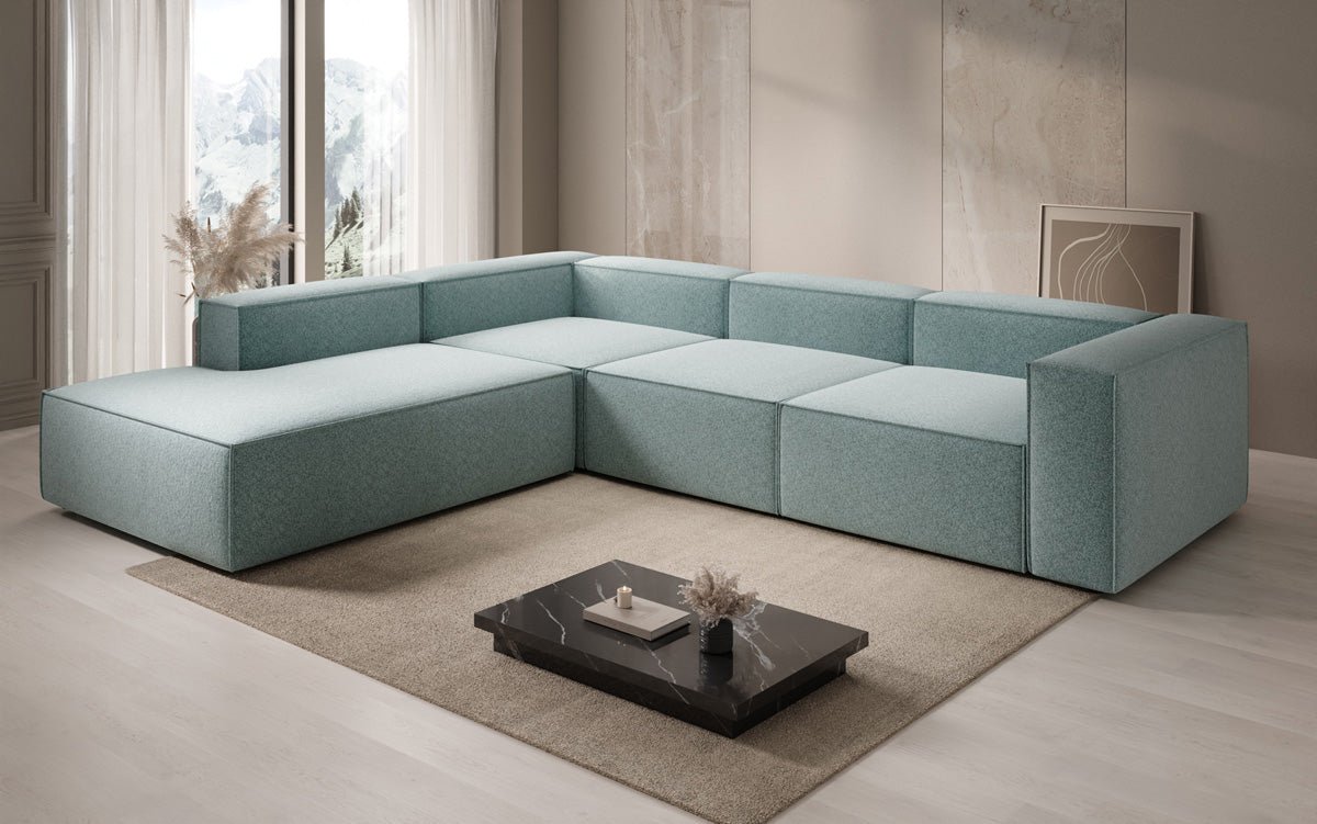 Canapé design Lesley L avec longue méridienne en tissu texturé