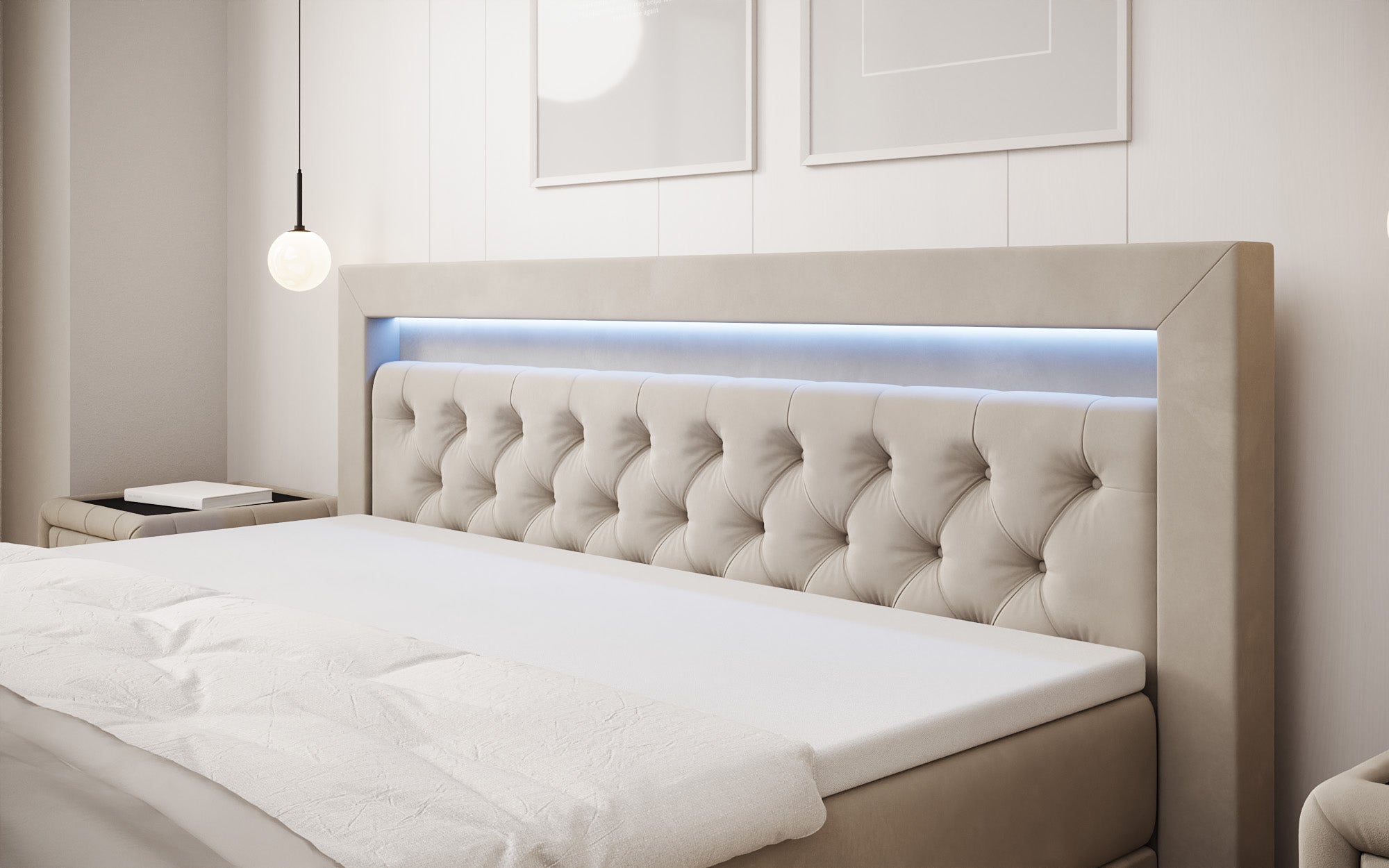 Lit boxspring Menzogna Velours avec LED et espace de rangement (2 tiroirs)