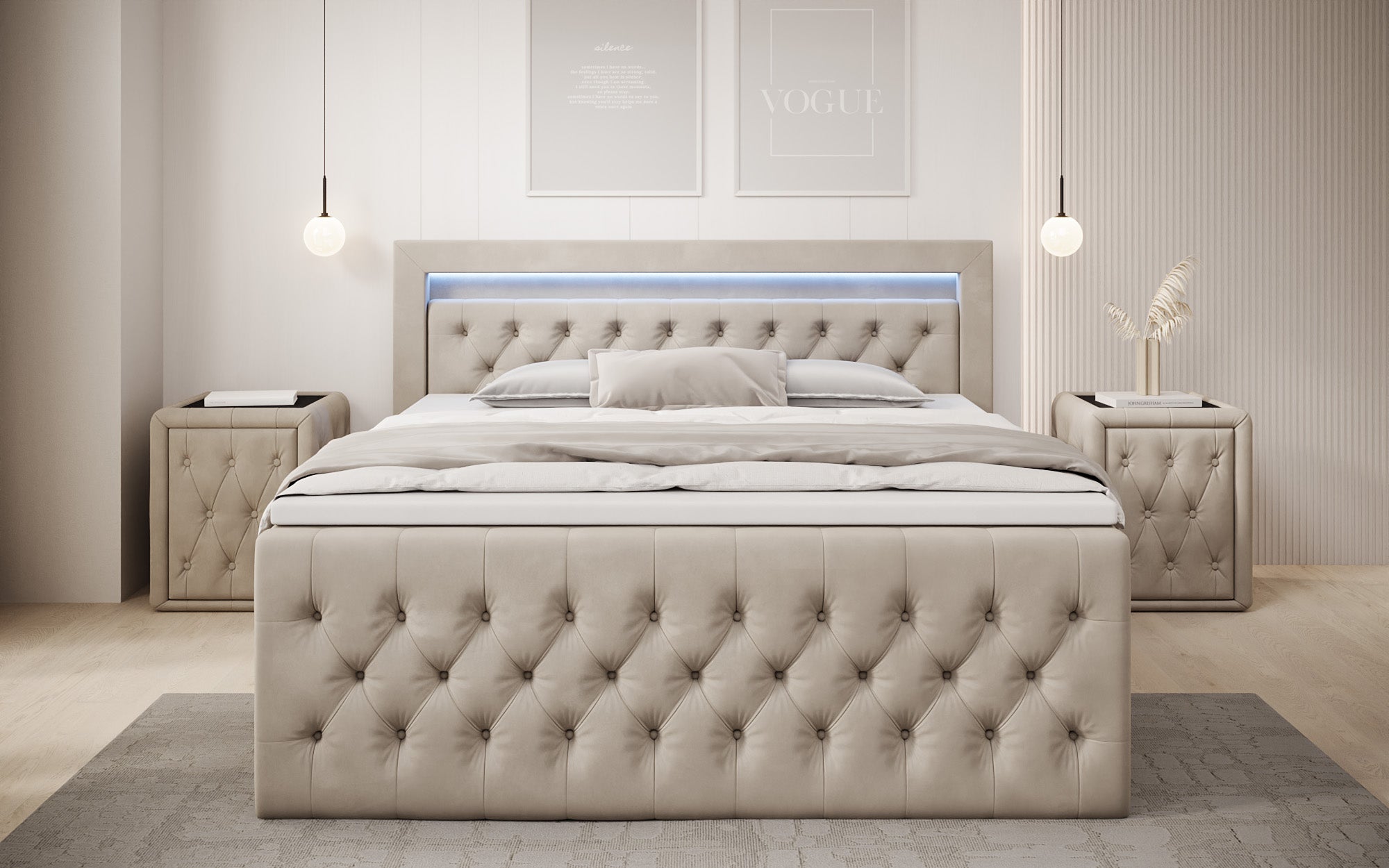 Lit boxspring Menzogna Velours avec LED et espace de rangement (2 tiroirs)