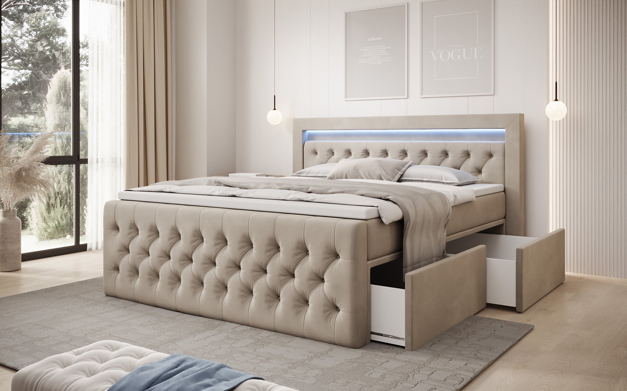 Lit boxspring Menzogna Velours avec LED et espace de rangement (2 tiroirs)