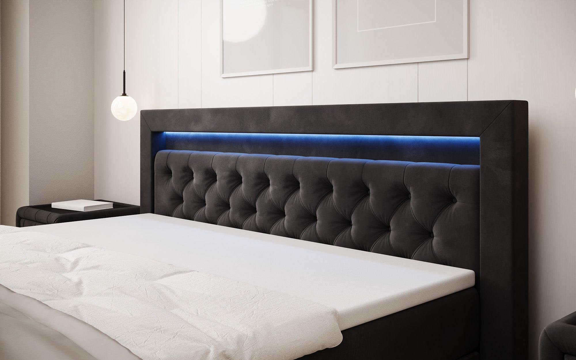 Lit boxspring Menzogna Velours avec LED et espace de rangement (2 tiroirs)