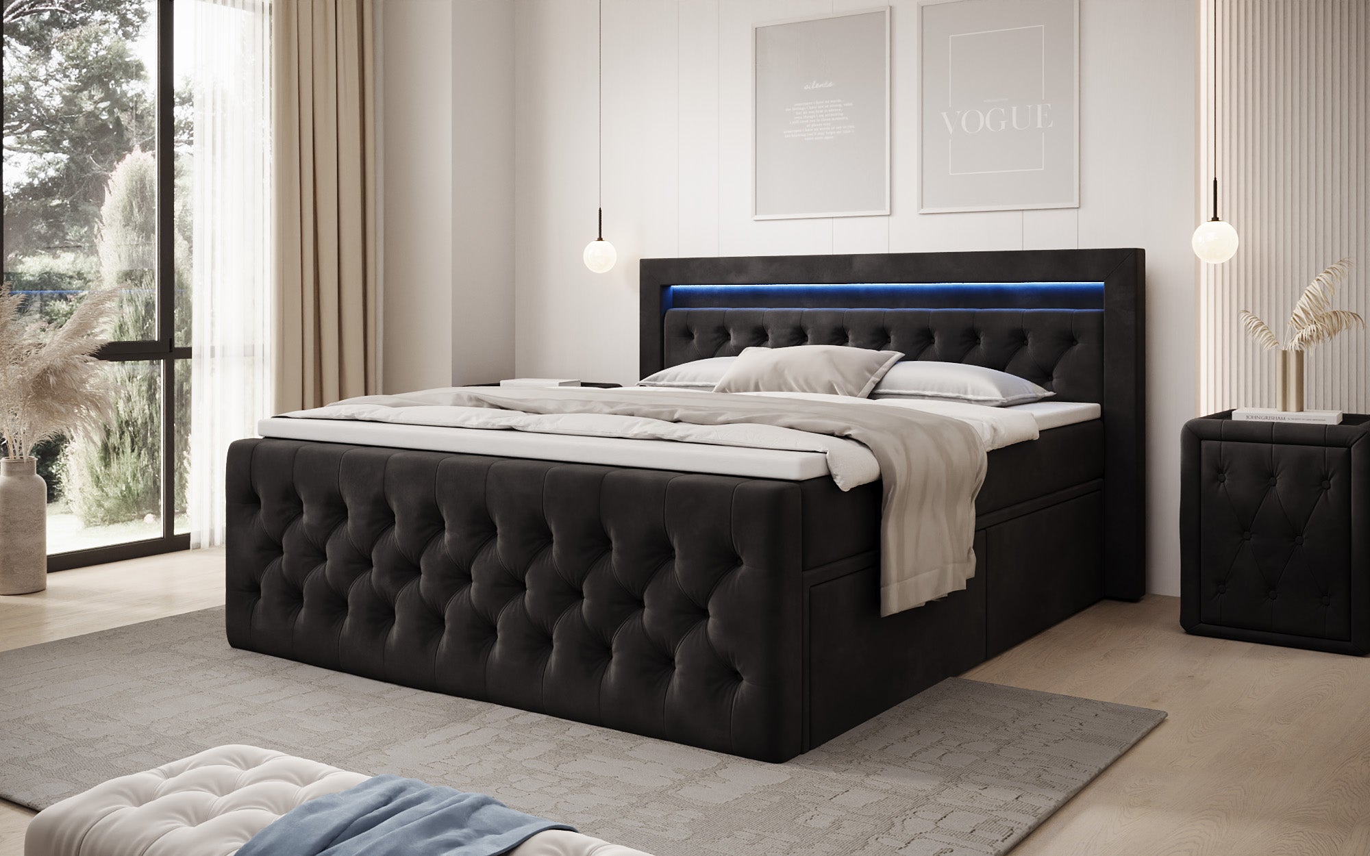 Lit boxspring Menzogna Velours avec LED et espace de rangement (2 tiroirs)