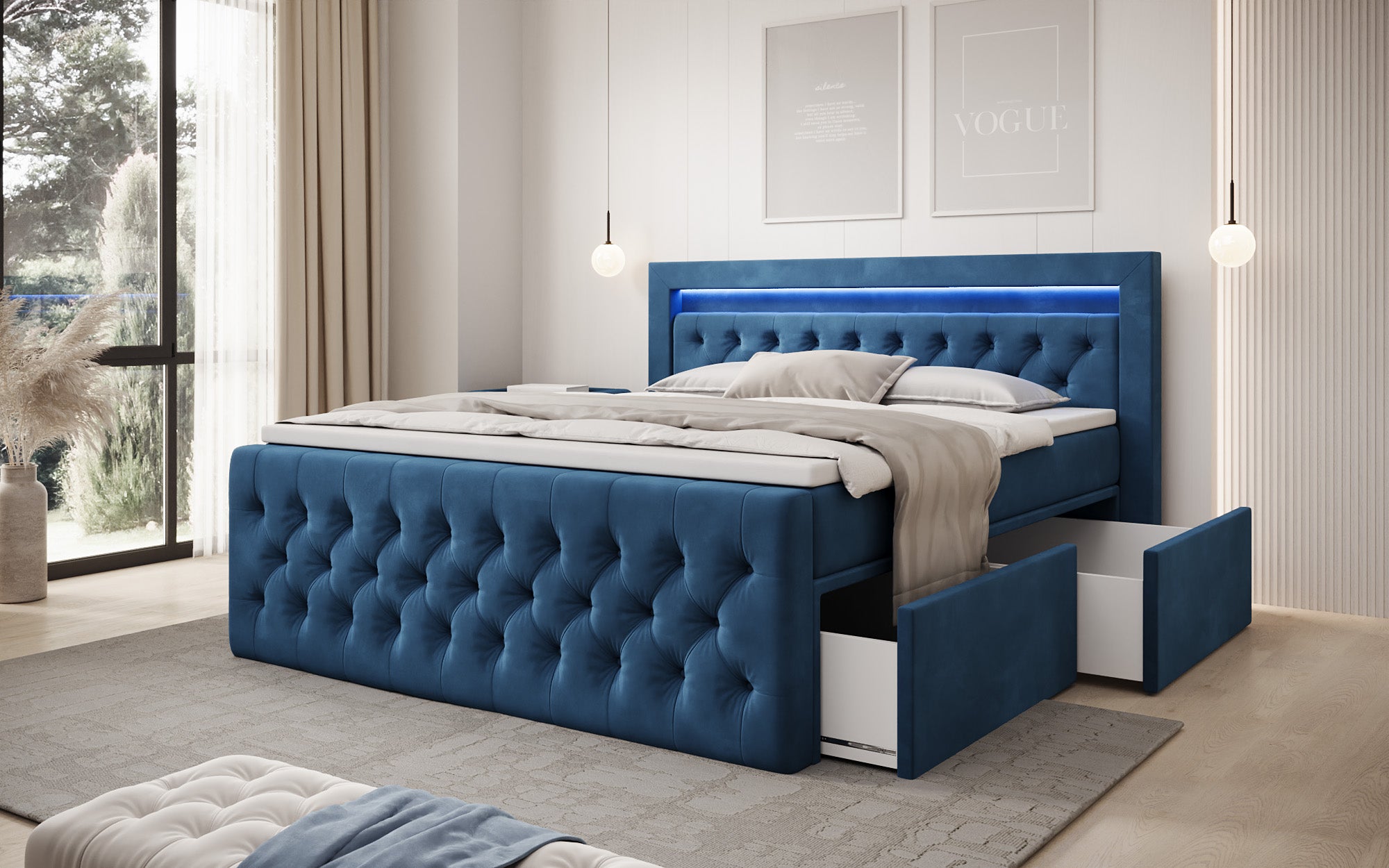 Lit boxspring Menzogna Velours avec LED et espace de rangement (2 tiroirs)