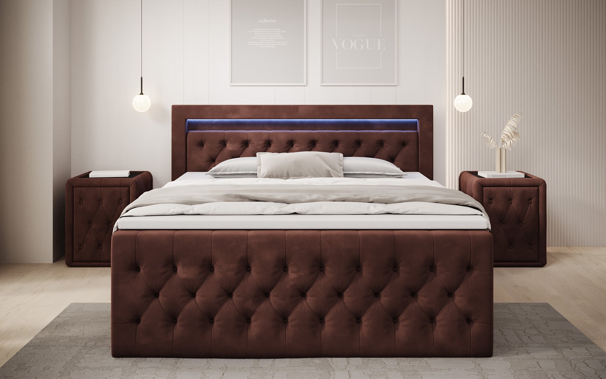 Lit boxspring Menzogna Velours avec LED et espace de rangement (2 tiroirs)
