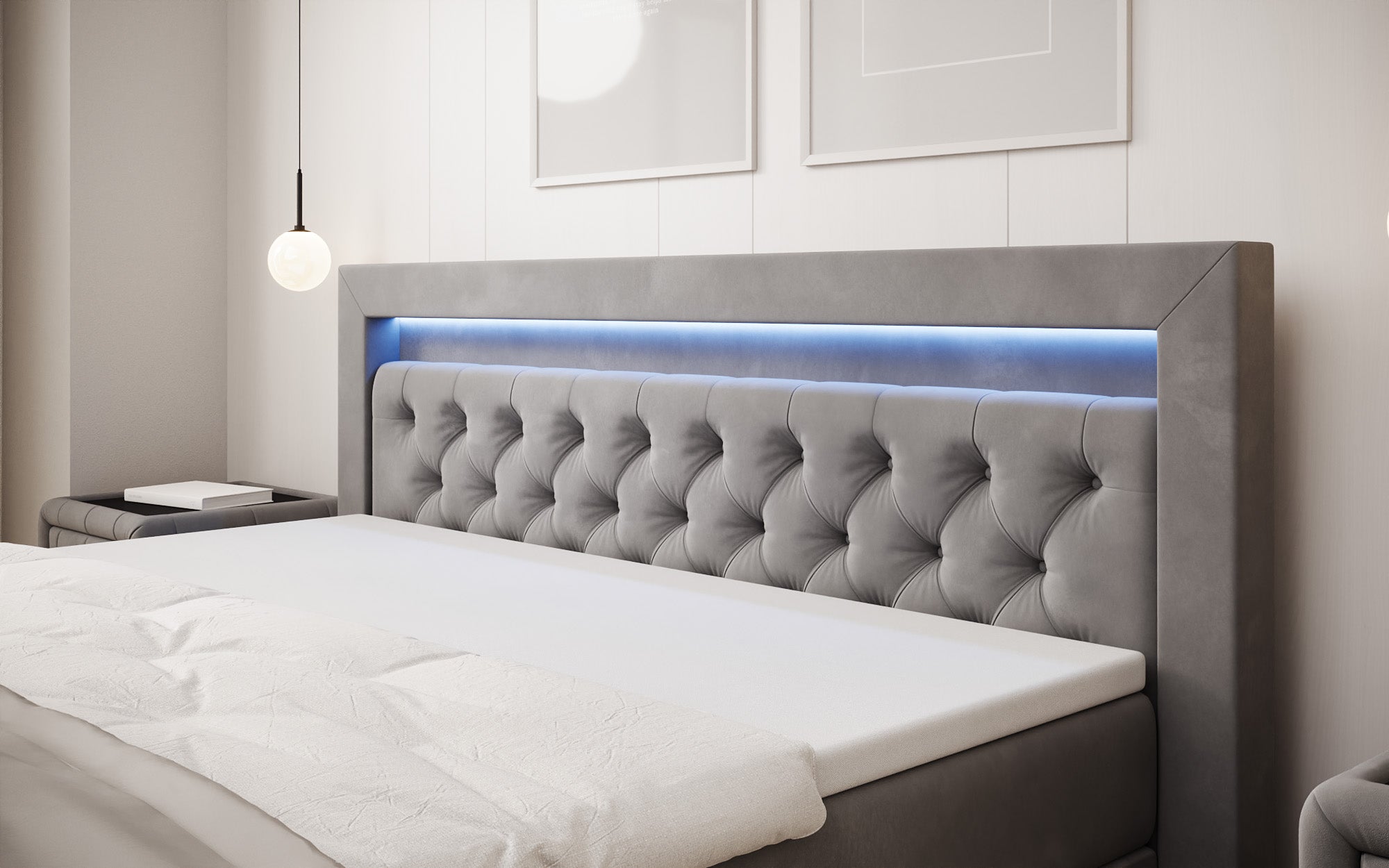 Lit boxspring Menzogna Velours avec LED et espace de rangement (2 tiroirs)