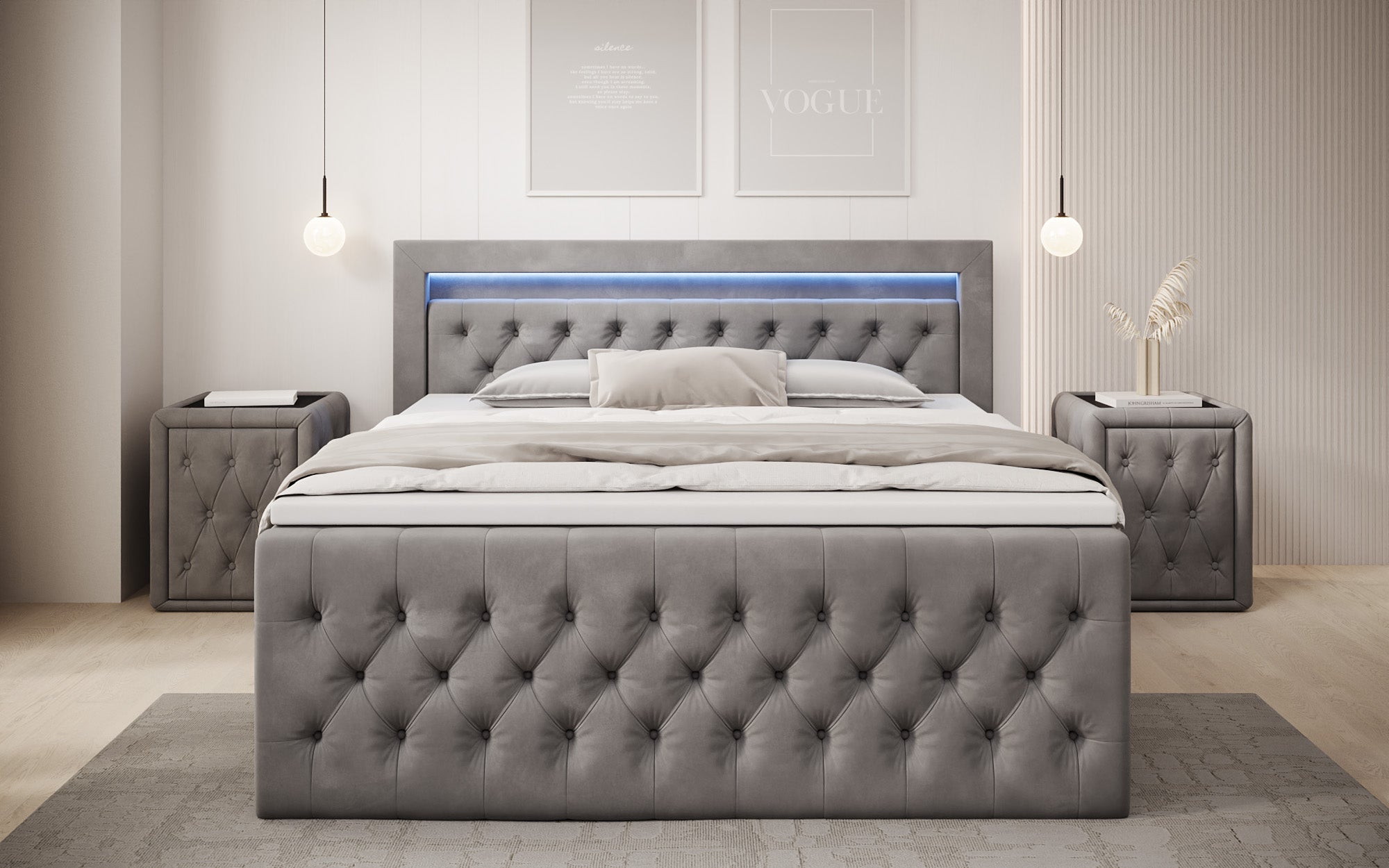 Lit boxspring Menzogna Velours avec LED et espace de rangement (2 tiroirs)