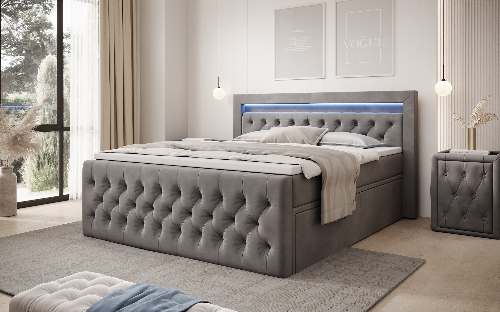 Lit boxspring Menzogna Velours avec LED et espace de rangement (2 tiroirs)