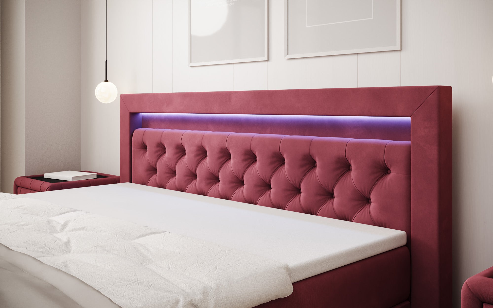 Lit boxspring Menzogna Velours avec LED et espace de rangement (2 tiroirs)