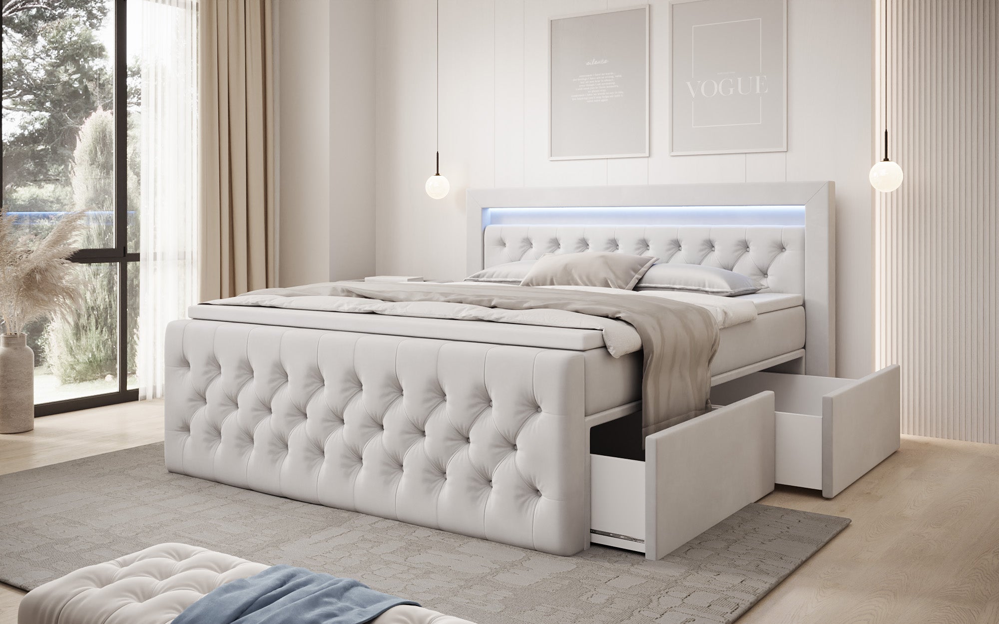 Lit boxspring Menzogna Velours avec LED et espace de rangement (2 tiroirs)