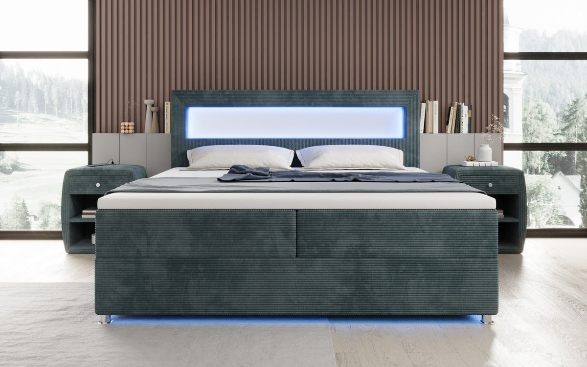 Relax box spring bed with LED, storage space, and USB/C in corduroy