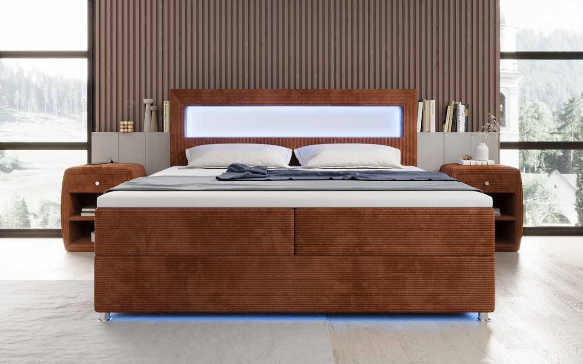 Relax box spring bed with LED, storage space, and USB/C in corduroy