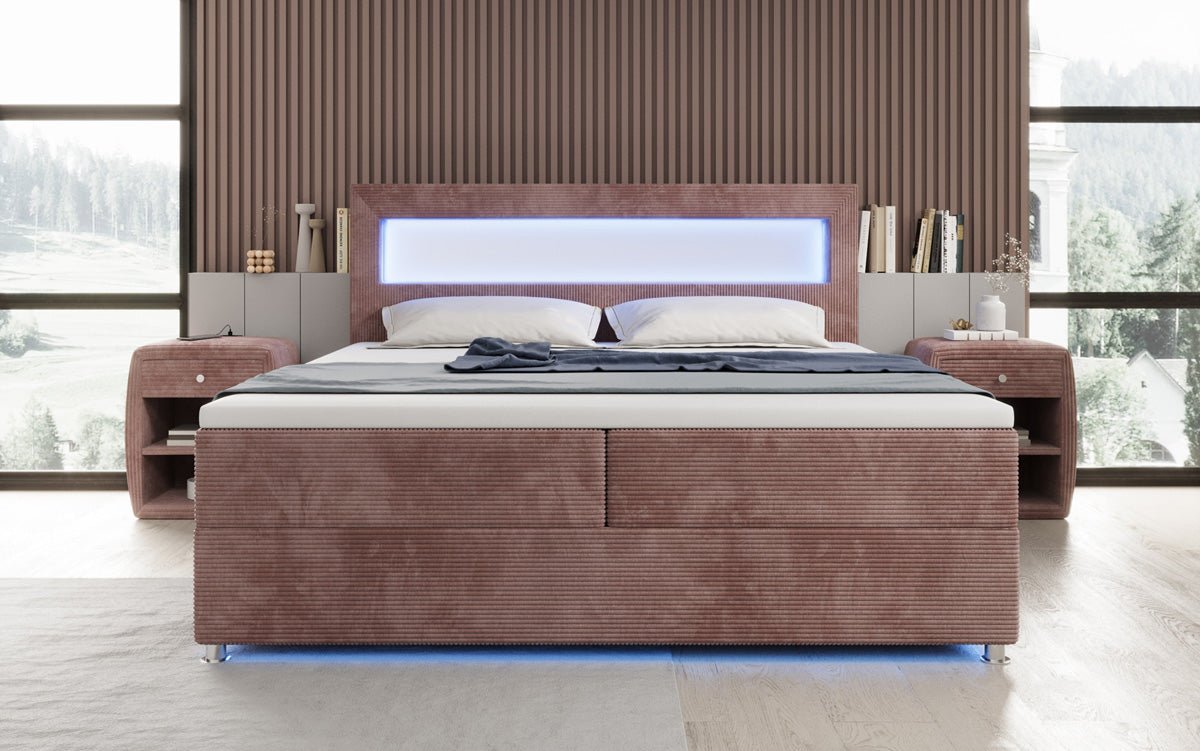 Relax box spring bed with LED, storage space, and USB/C in corduroy