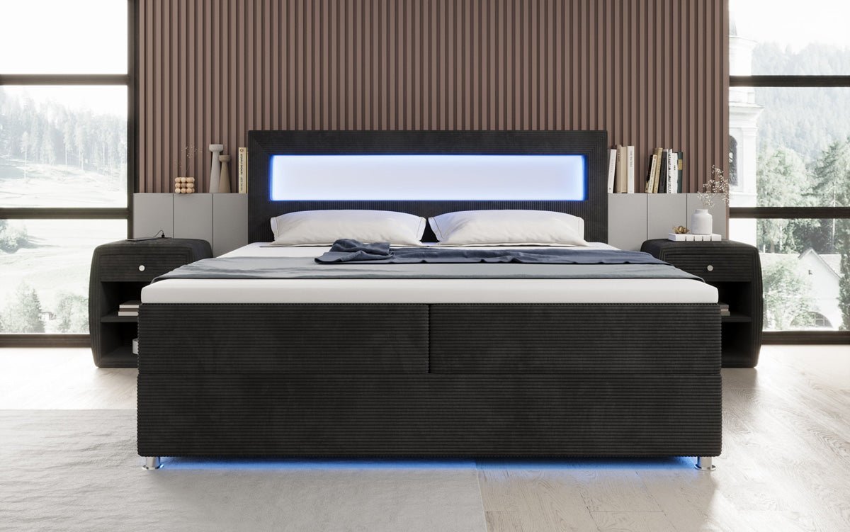 Relax box spring bed with LED, storage space, and USB/C in corduroy