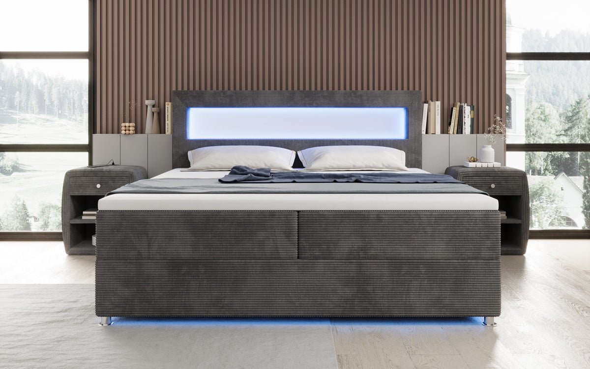 Relax box spring bed with LED, storage space, and USB/C in corduroy