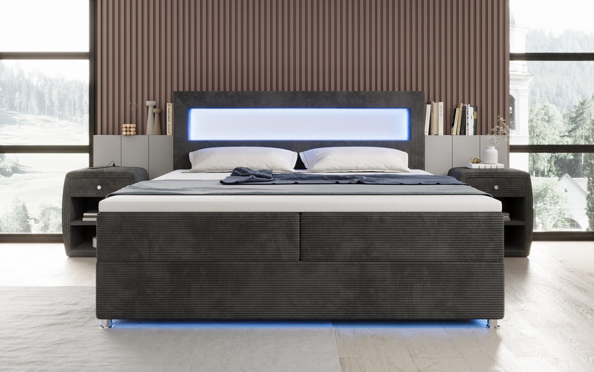 Relax box spring bed with LED, storage space, and USB/C in corduroy