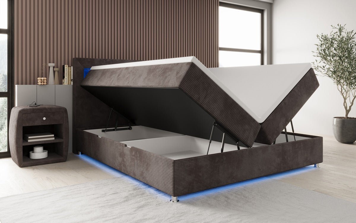 Relax box spring bed with LED, storage space, and USB/C in corduroy