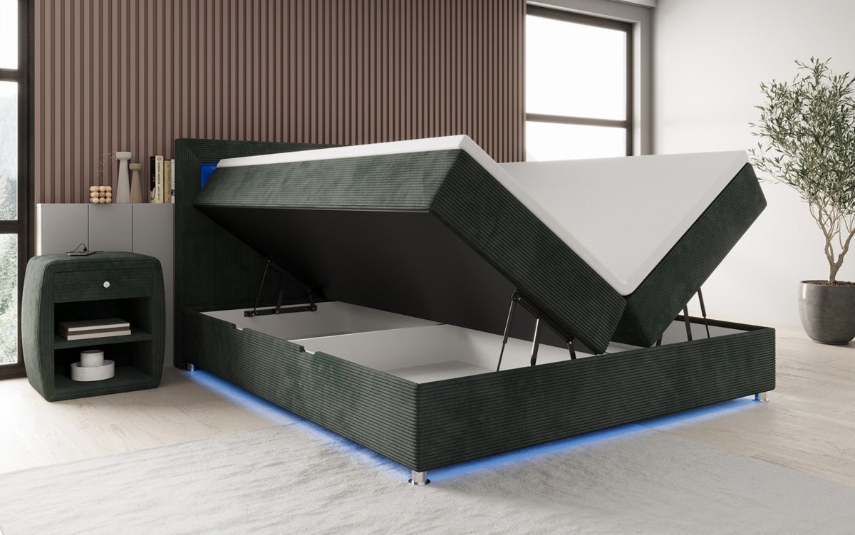Relax box spring bed with LED, storage space, and USB/C in corduroy