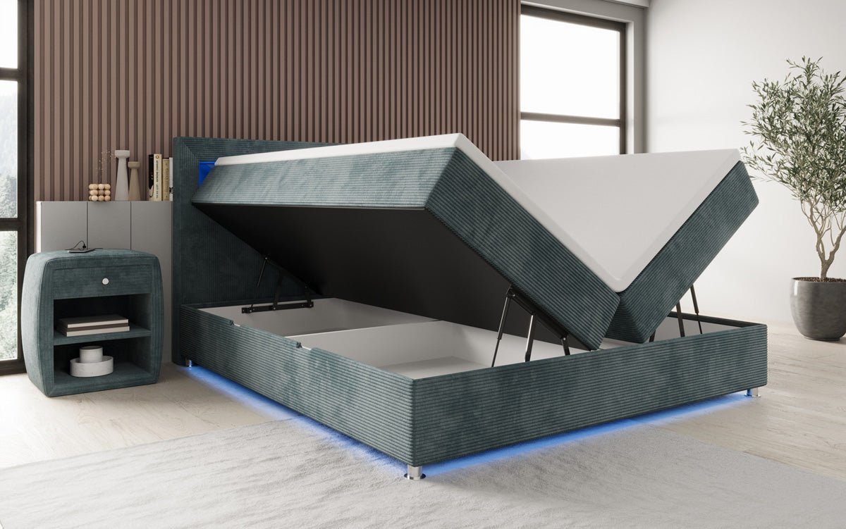Relax box spring bed with LED, storage space, and USB/C in corduroy