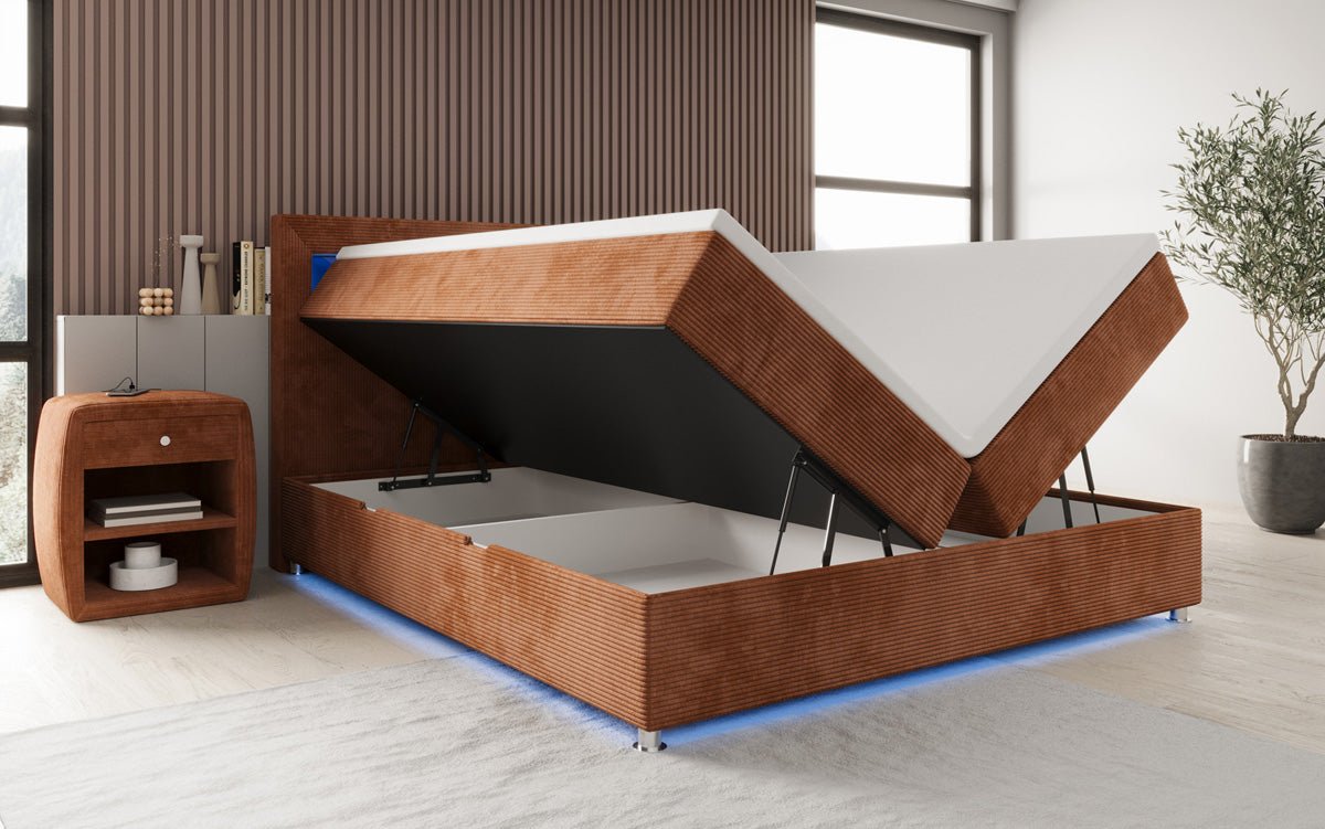 Relax box spring bed with LED, storage space, and USB/C in corduroy