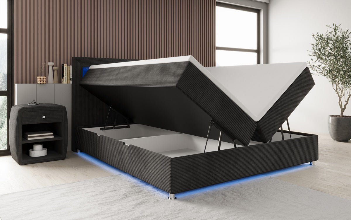 Relax box spring bed with LED, storage space, and USB/C in corduroy