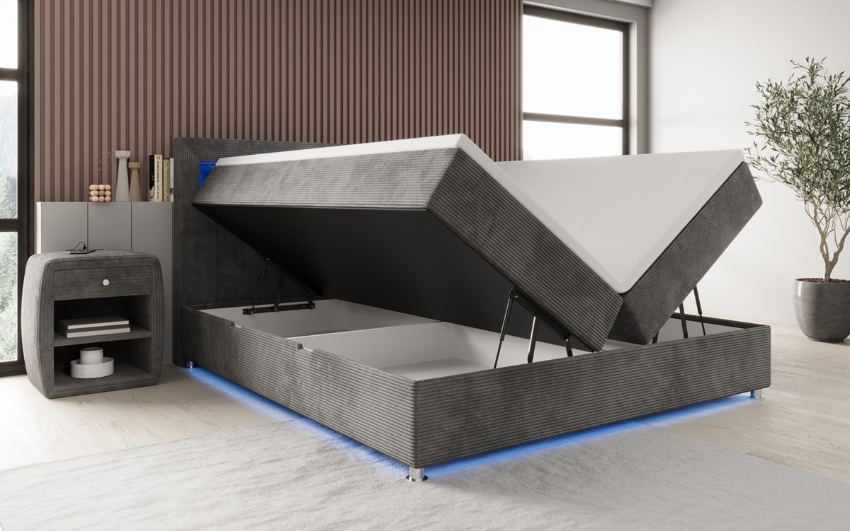 Relax box spring bed with LED, storage space, and USB/C in corduroy