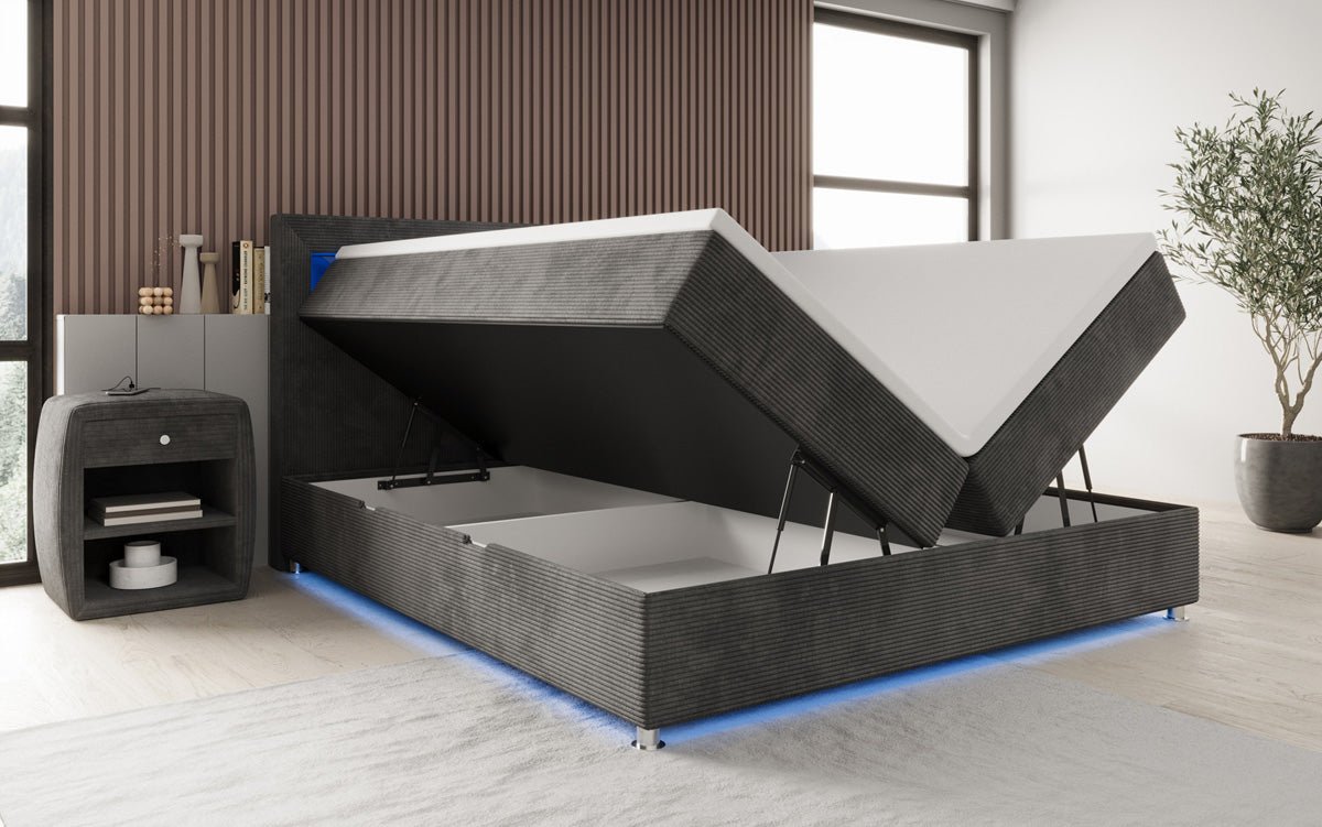 Relax box spring bed with LED, storage space, and USB/C in corduroy