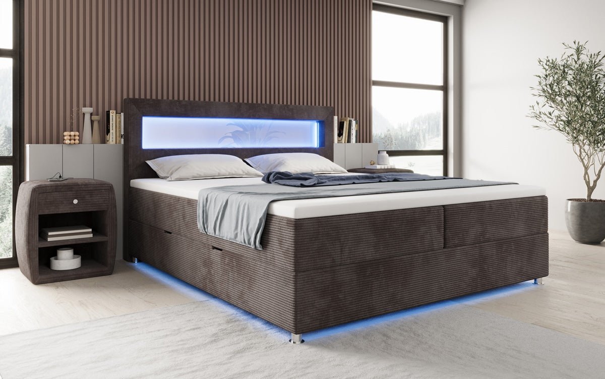 Relax box spring bed with LED, storage space, and USB/C in corduroy