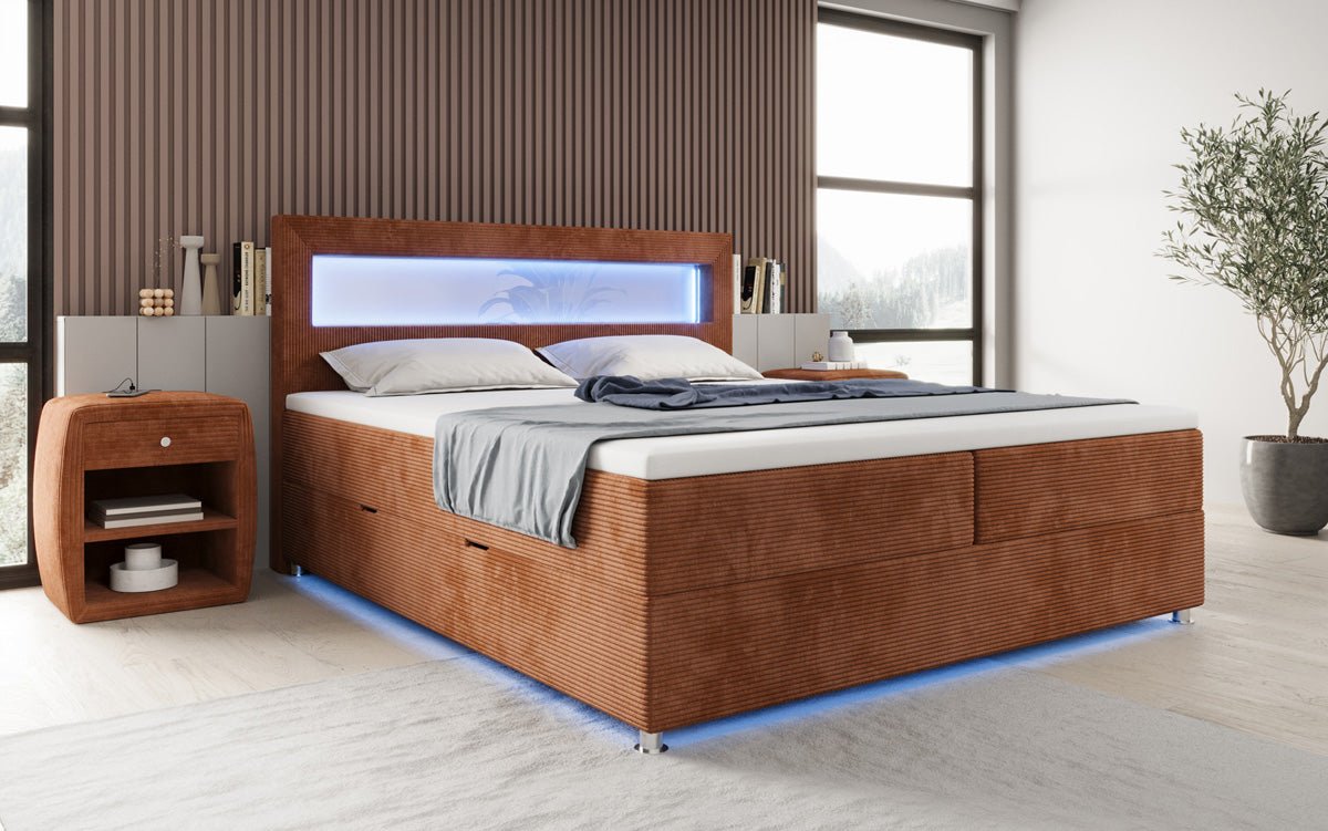 Relax box spring bed with LED, storage space, and USB/C in corduroy