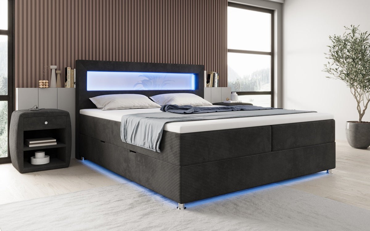 Relax box spring bed with LED, storage space, and USB/C in corduroy