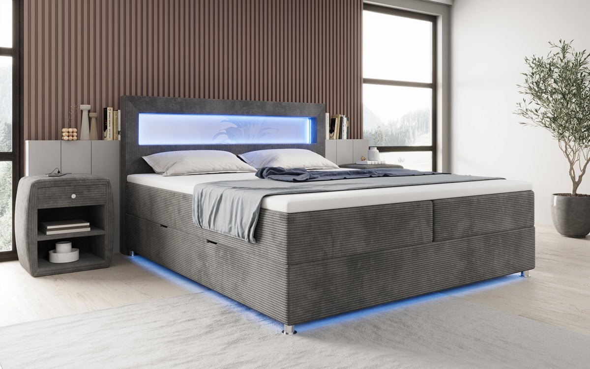 Relax box spring bed with LED, storage space, and USB/C in corduroy