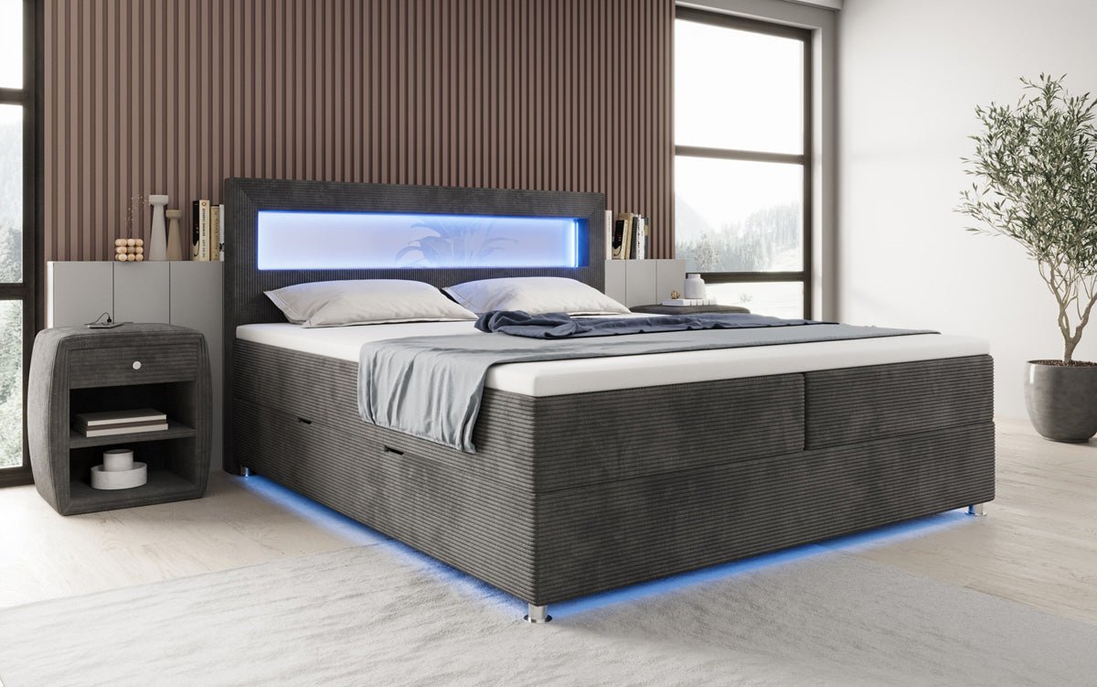Relax box spring bed with LED, storage space, and USB/C in corduroy