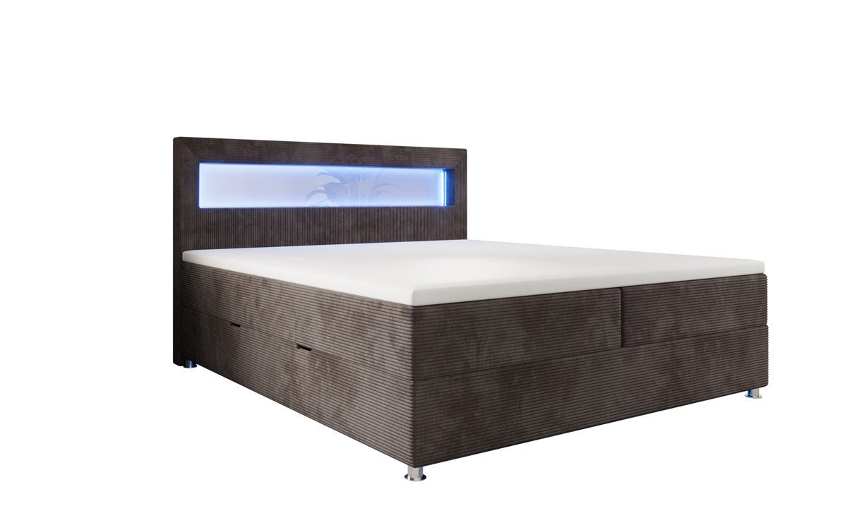 Relax box spring bed with LED, storage space, and USB/C in corduroy