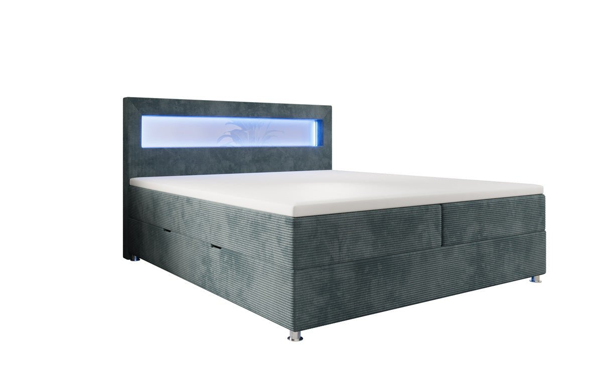 Relax box spring bed with LED, storage space, and USB/C in corduroy