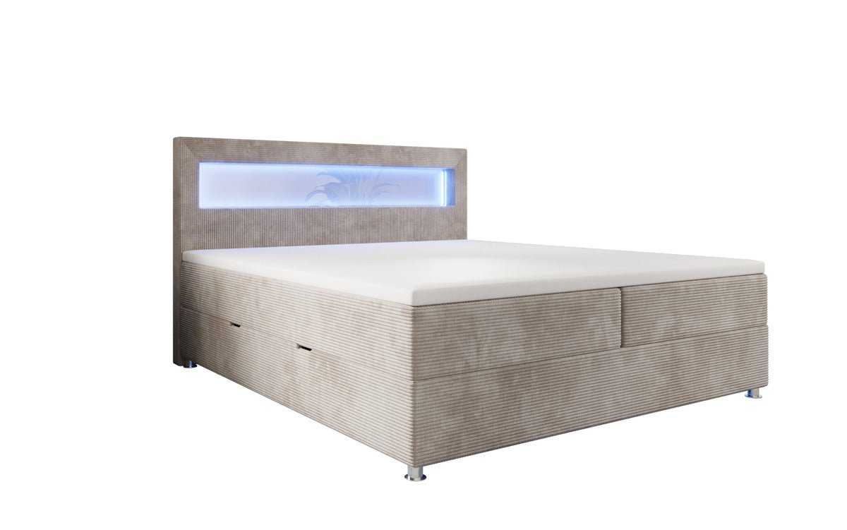 Relax box spring bed with LED, storage space, and USB/C in corduroy