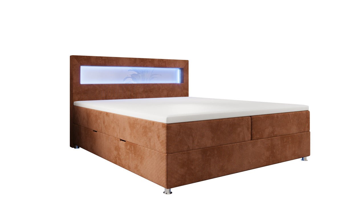 Relax box spring bed with LED, storage space, and USB/C in corduroy