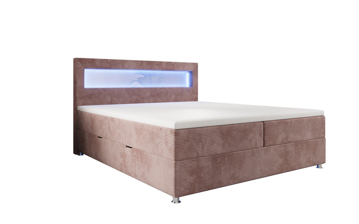 Relax box spring bed with LED, storage space, and USB/C in corduroy