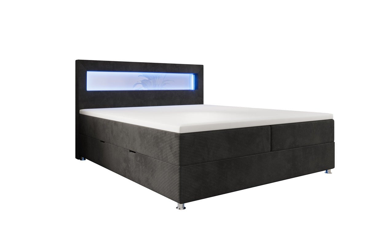 Relax box spring bed with LED, storage space, and USB/C in corduroy