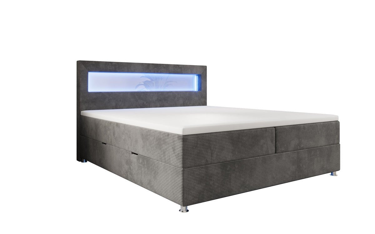 Relax box spring bed with LED, storage space, and USB/C in corduroy