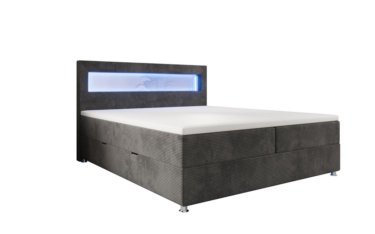 Relax box spring bed with LED, storage space, and USB/C in corduroy