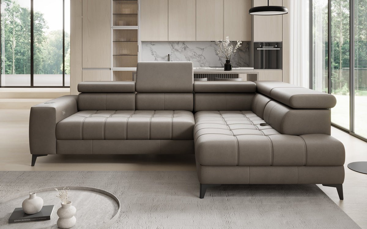 Canapé d'angle Designer L Seluna avec fonction de couchage électrique, induction et rangement en cuir véritable