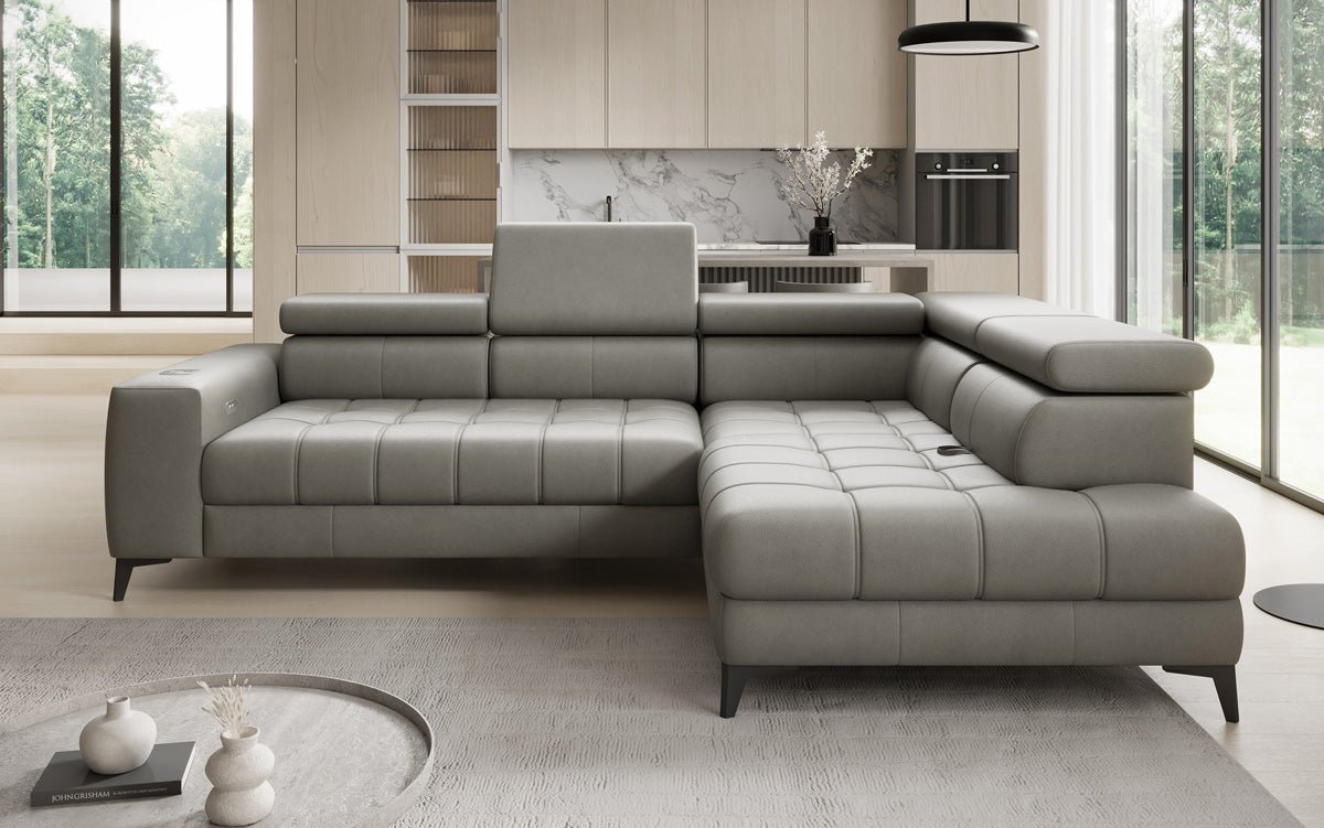 Canapé d'angle Designer L Seluna avec fonction de couchage électrique, induction et rangement en cuir véritable