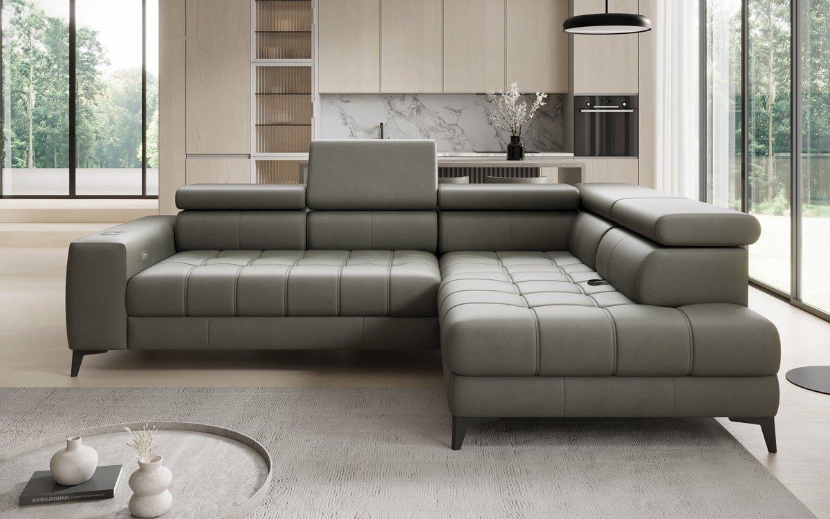 Canapé d'angle Designer L Seluna avec fonction de couchage électrique, induction et rangement en cuir véritable