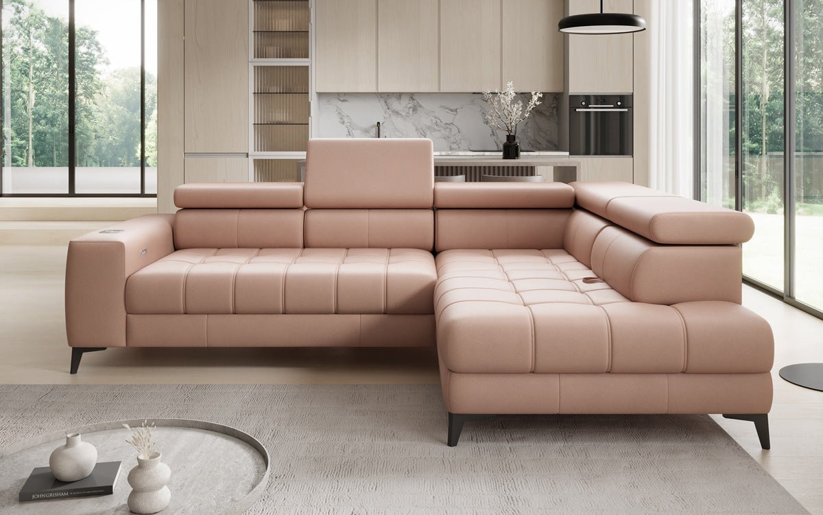 Canapé d'angle Designer L Seluna avec fonction de couchage électrique, induction et rangement en cuir véritable