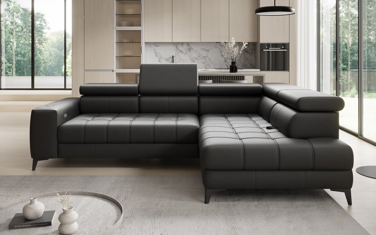Canapé d'angle Designer L Seluna avec fonction de couchage électrique, induction et rangement en cuir véritable