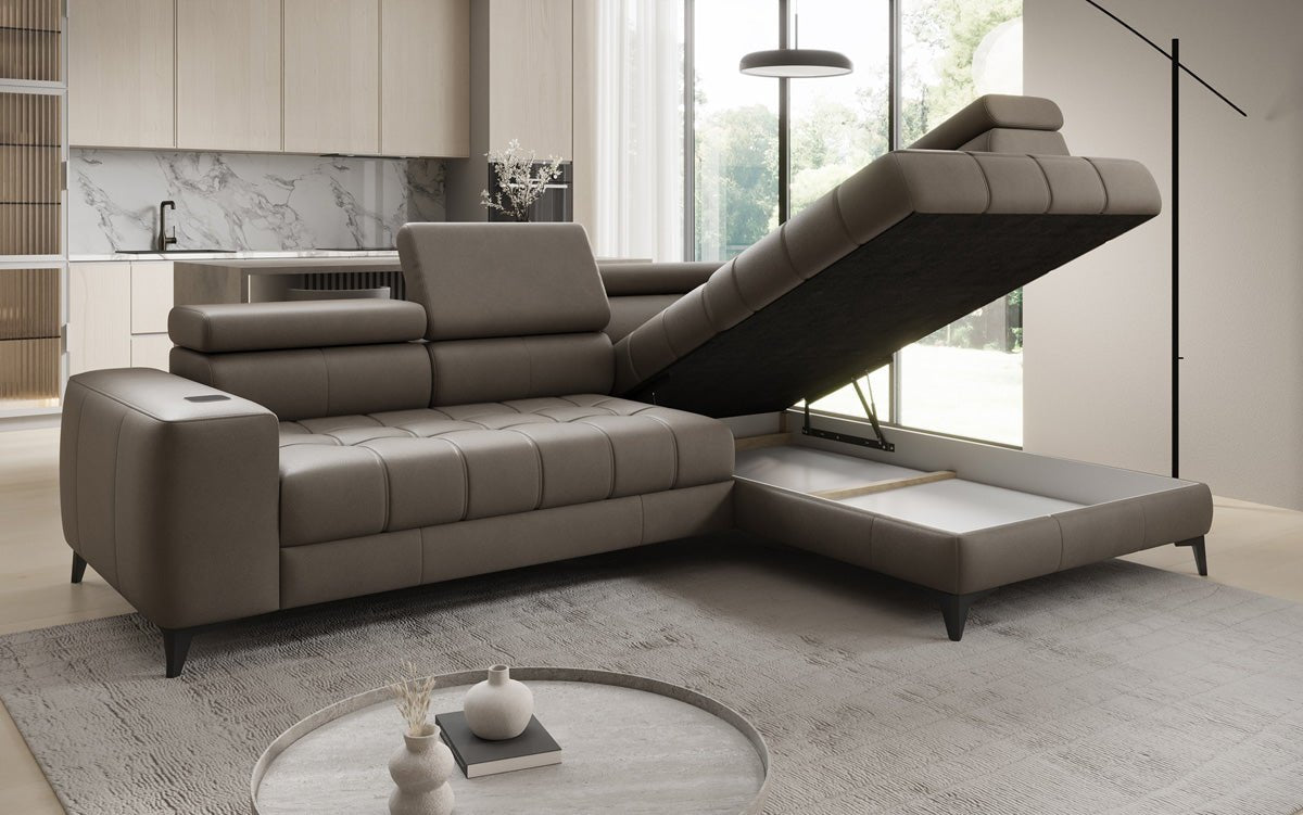 Canapé d'angle Designer L Seluna avec fonction de couchage électrique, induction et rangement en cuir véritable