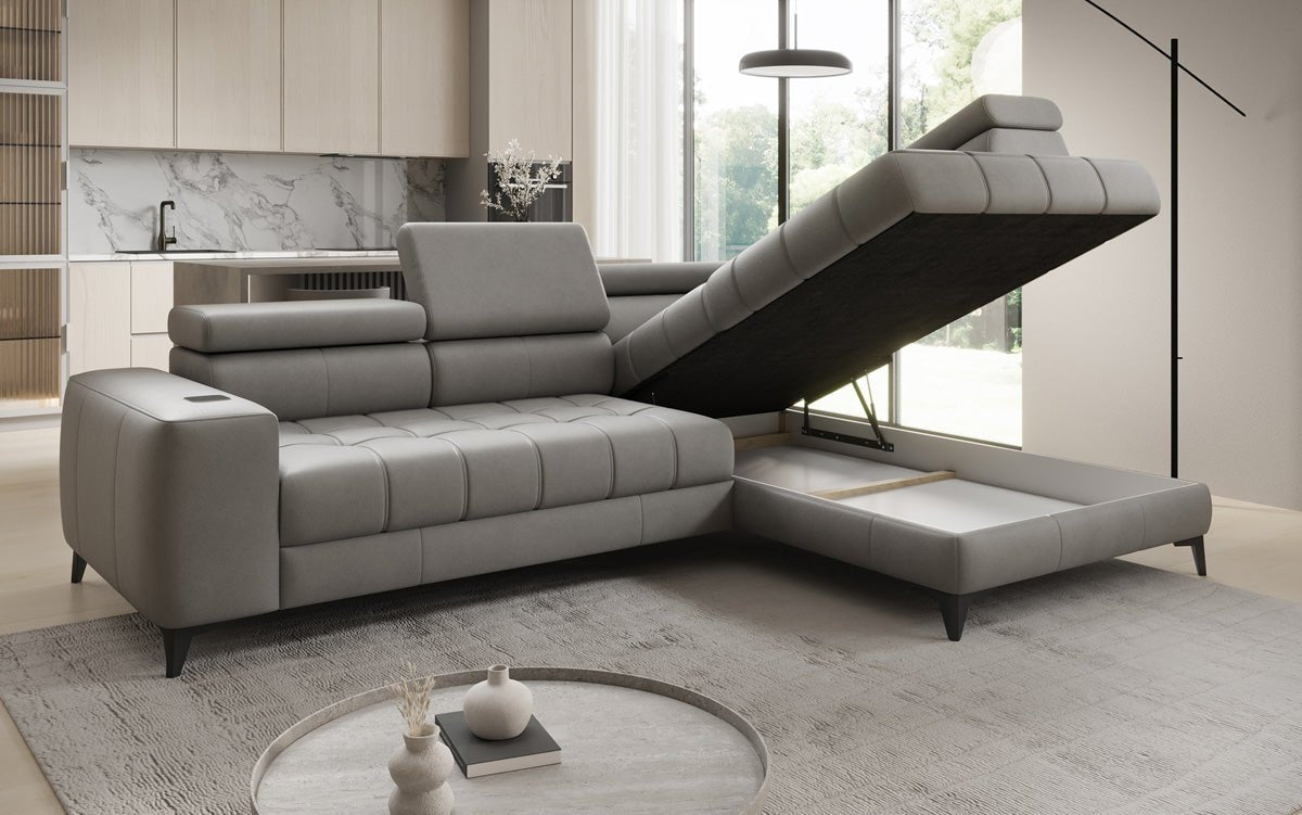 Canapé d'angle Designer L Seluna avec fonction de couchage électrique, induction et rangement en cuir véritable