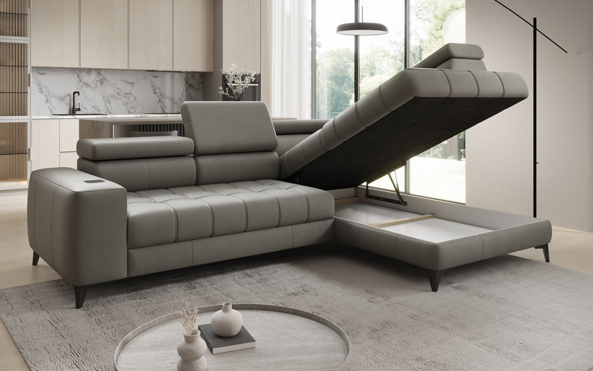 Canapé d'angle Designer L Seluna avec fonction de couchage électrique, induction et rangement en cuir véritable