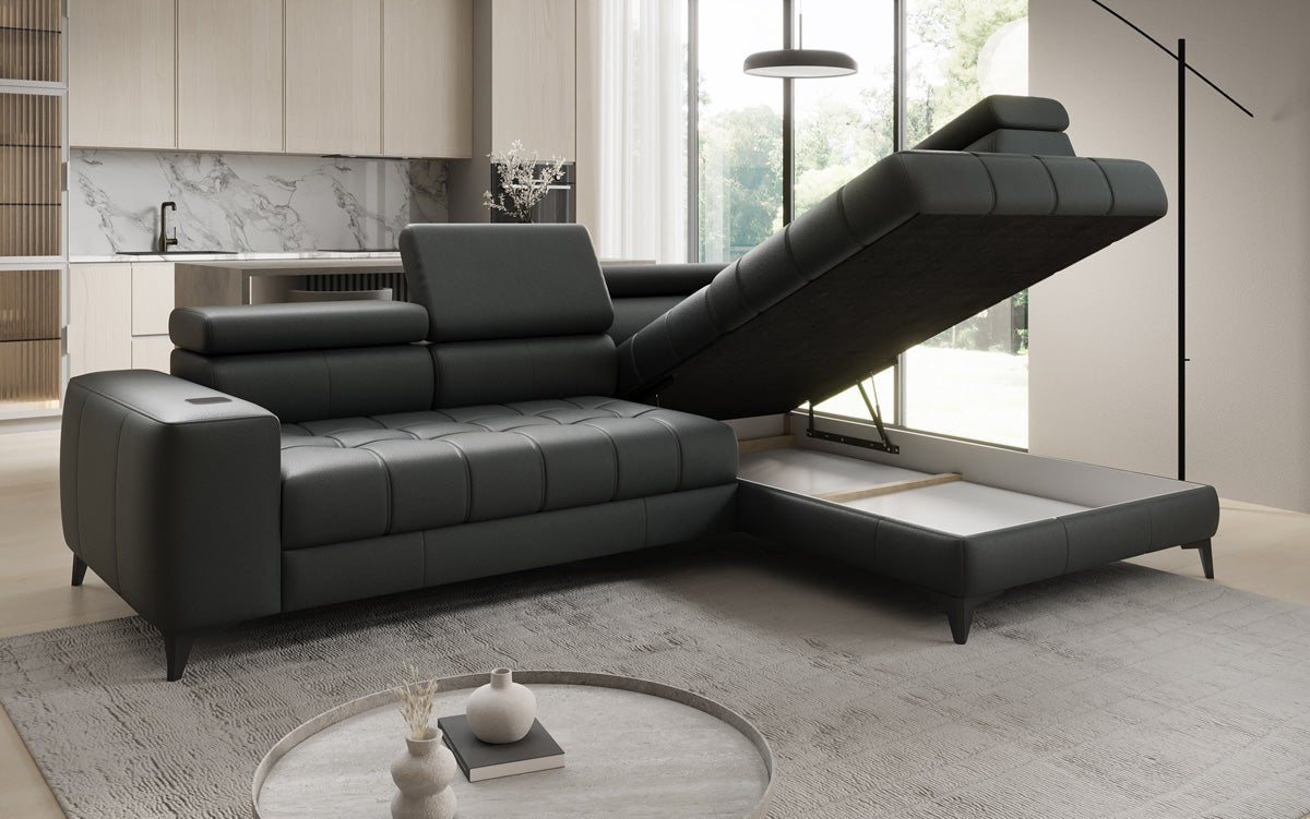 Canapé d'angle Designer L Seluna avec fonction de couchage électrique, induction et rangement en cuir véritable