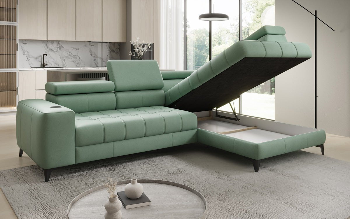Canapé d'angle Designer L Seluna avec fonction de couchage électrique, induction et rangement en cuir véritable